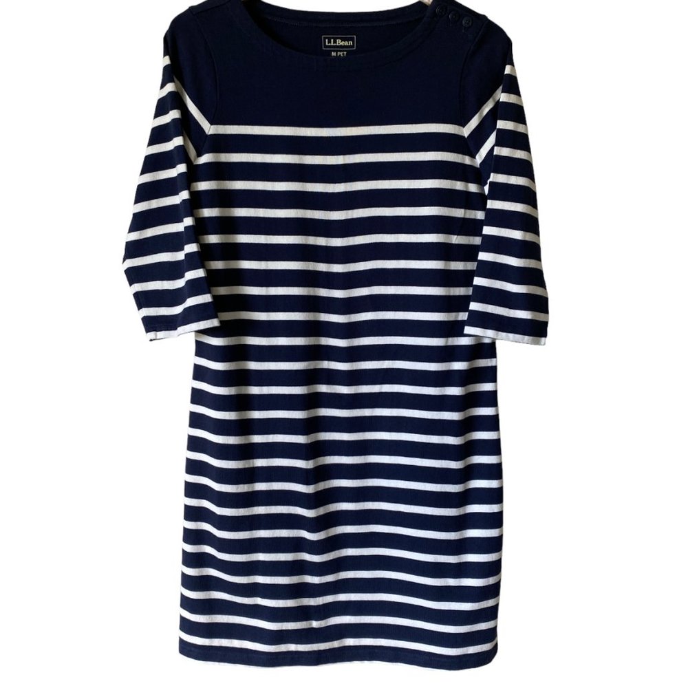 L.L. Bean Breton Nautical Coastal Dress 100% Cotton Summer 3/4 Sleeves Navy MP